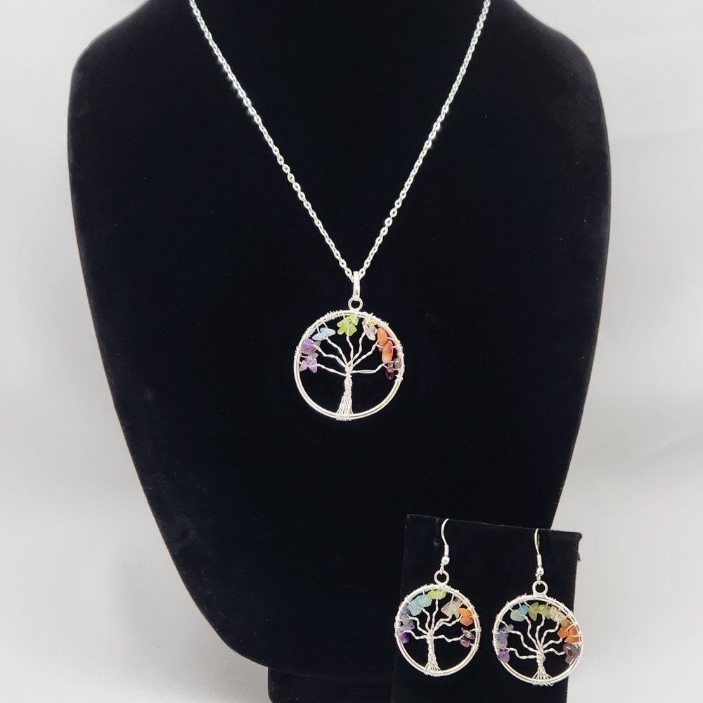 Tree Of Life Genuine Gemstones Pendant Necklace And Earrings # 580 NWOT